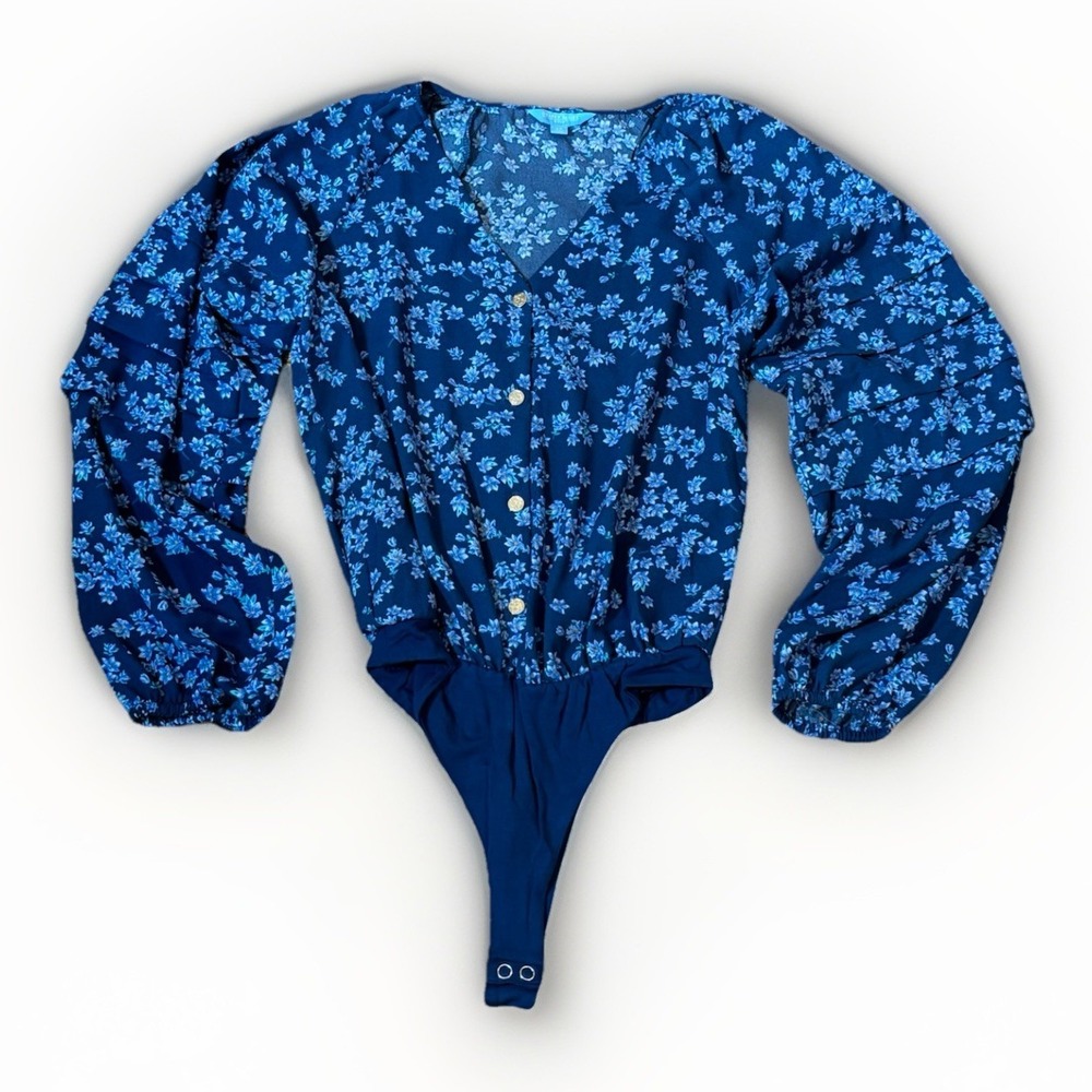 Draper James RSVP Bodysuit Thong‎ Floral Eyelet Blue Women's SZ XS Tiered Sleeve
